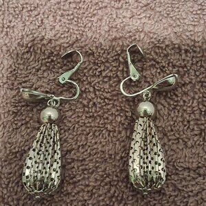 Vintage Clip On Earrings Silver Tone Elongated Dangle